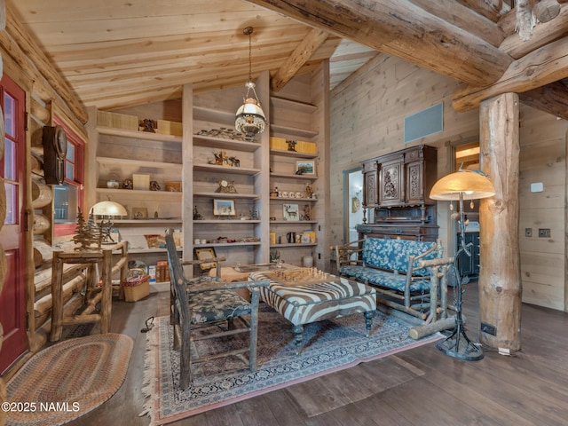 living area featuring wood ceiling, dark hardwood / wood-style floors, high vaulted ceiling, wood walls, and beamed ceiling