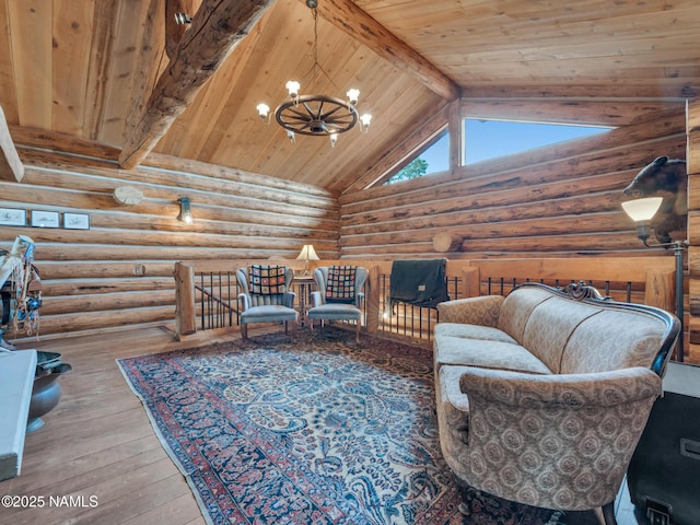 living room featuring beamed ceiling, wooden ceiling, wood-type flooring, rustic walls, and high vaulted ceiling