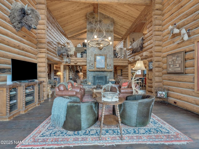 unfurnished living room featuring a chandelier, high vaulted ceiling, and rustic walls