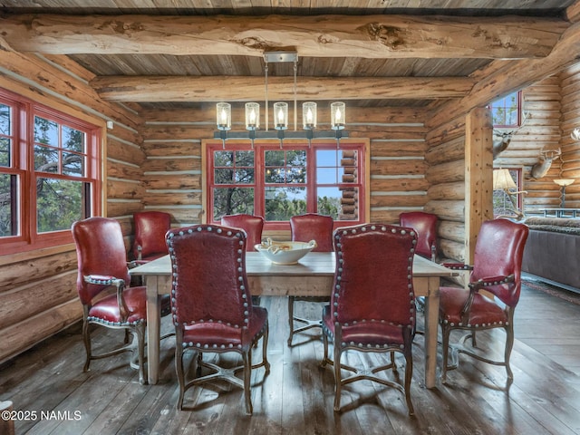 dining area featuring log walls, beam ceiling, wood ceiling, and a healthy amount of sunlight