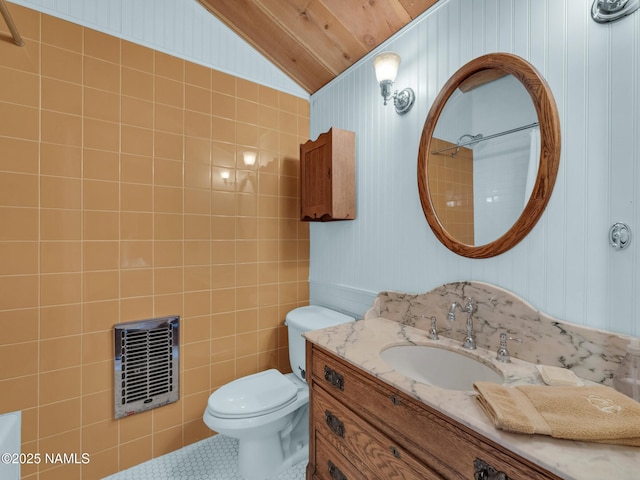 bathroom with tile patterned flooring, vaulted ceiling, wooden ceiling, toilet, and vanity