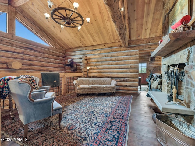 living room with a stone fireplace, rustic walls, high vaulted ceiling, beam ceiling, and dark hardwood / wood-style floors