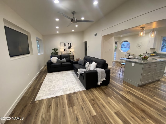 1024 E Hillcrest Dr, Flagstaff, AZ 86004 - living room featuring a ceiling fan, dark wood-type flooring, recessed lighting, and baseboards