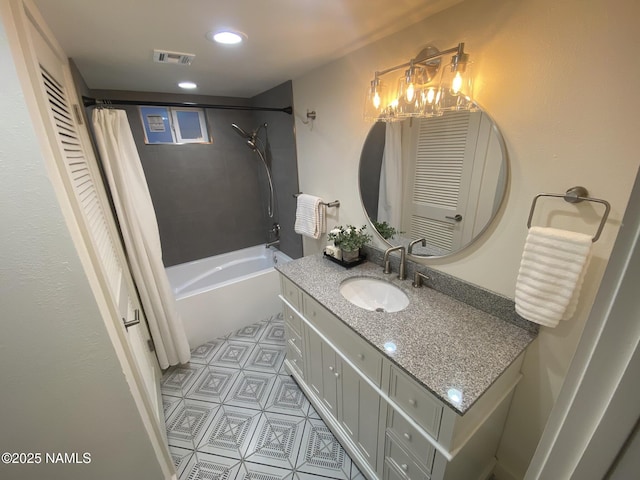 1024 E Hillcrest Dr, Flagstaff, AZ 86004 - bathroom featuring vanity, shower / tub combo with curtain, tile patterned floors, and recessed lighting