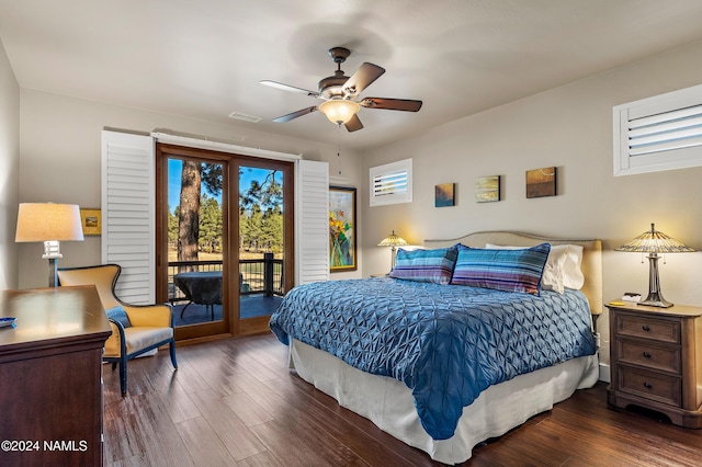 bedroom with ceiling fan, access to outside, and dark hardwood / wood-style flooring