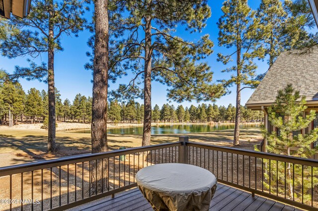 wooden deck with a water view