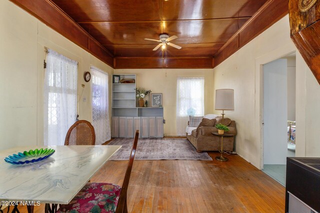 dining space with hardwood / wood-style flooring, ceiling fan, and wood ceiling