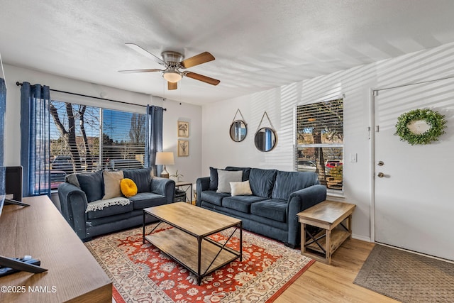 living room with a textured ceiling, a ceiling fan, and wood finished floors