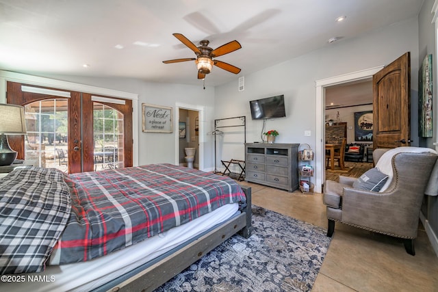 bedroom with french doors, recessed lighting, a ceiling fan, and access to exterior