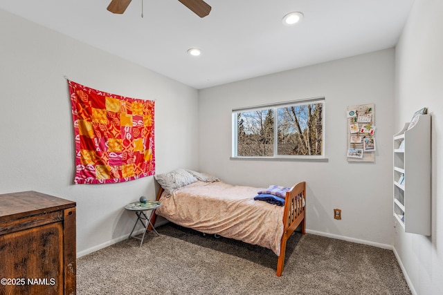 bedroom featuring ceiling fan and carpet floors