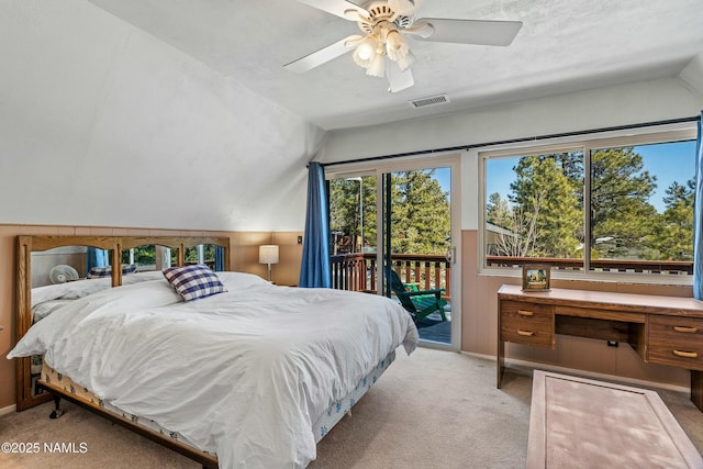 bedroom with visible vents, carpet floors, lofted ceiling, ceiling fan, and access to outside