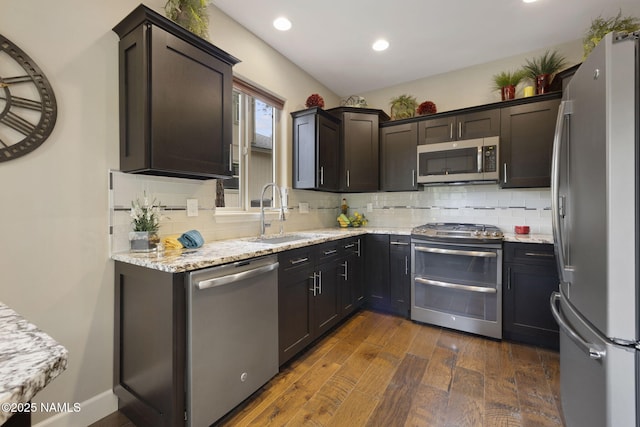1248 W Lil Ben Trl, Flagstaff, AZ 86001 - kitchen with stainless steel appliances, a sink, decorative backsplash, dark wood-style flooring, and recessed lighting