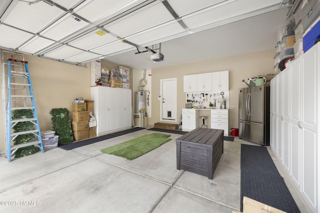 1248 W Lil Ben Trl, Flagstaff, AZ 86001 - garage with freestanding refrigerator, a garage door opener, and gas water heater