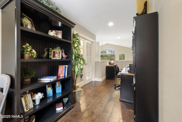 1248 W Lil Ben Trl, Flagstaff, AZ 86001 - office area with dark wood-style flooring, baseboards, lofted ceiling, and recessed lighting