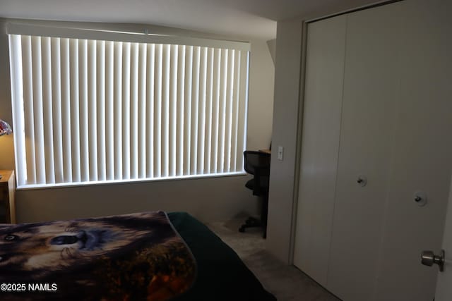 bedroom with carpet, a closet, and vaulted ceiling