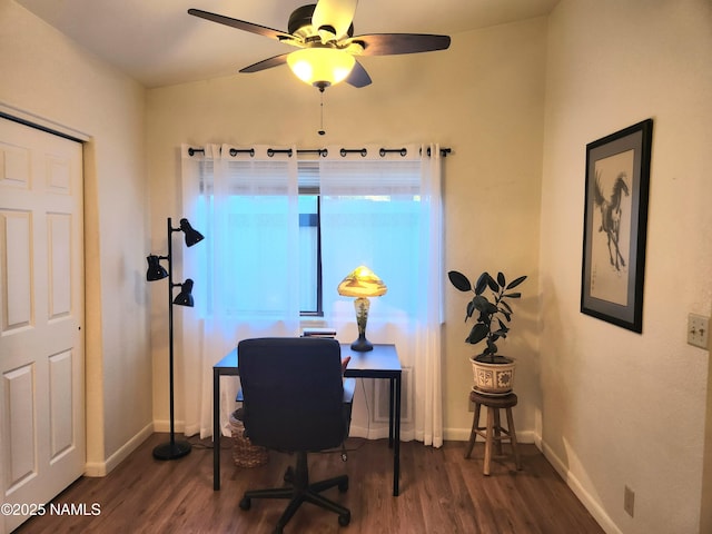 office featuring ceiling fan and dark hardwood / wood-style flooring