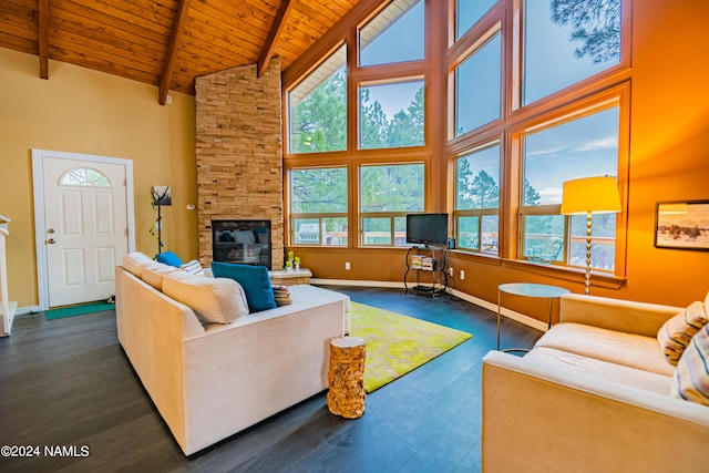 living room featuring a fireplace, wooden ceiling, dark hardwood / wood-style floors, high vaulted ceiling, and beamed ceiling