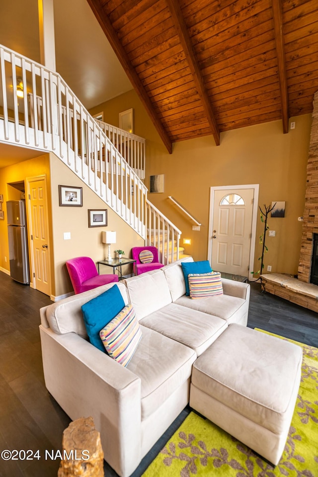 living room featuring wood ceiling, high vaulted ceiling, beam ceiling, and dark hardwood / wood-style flooring