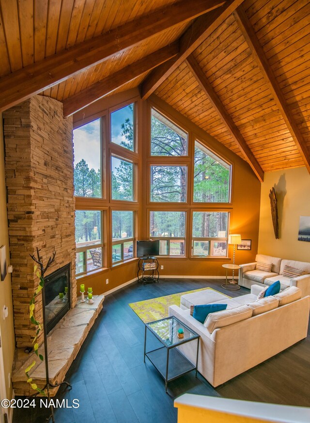 living room with beamed ceiling, wooden ceiling, a fireplace, high vaulted ceiling, and dark hardwood / wood-style flooring