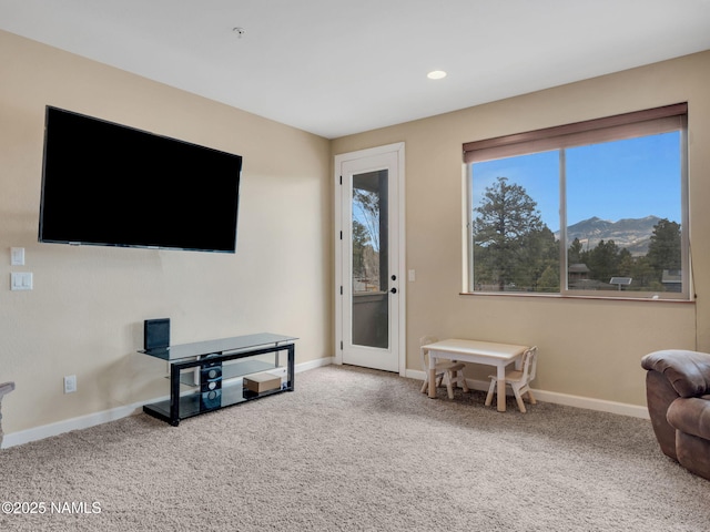 449 E Woodland Dr, Flagstaff, AZ 86001 - interior space featuring recessed lighting, a mountain view, baseboards, and carpet