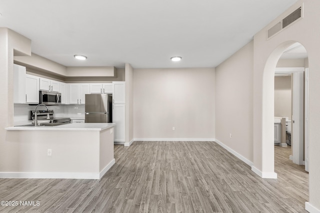 kitchen with appliances with stainless steel finishes, white cabinets, sink, light hardwood / wood-style flooring, and kitchen peninsula