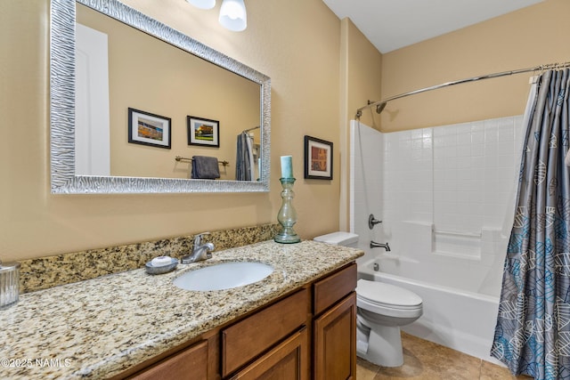 full bathroom featuring shower / bath combo, toilet, vanity, and tile patterned flooring
