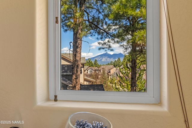 room details featuring a textured wall and a mountain view