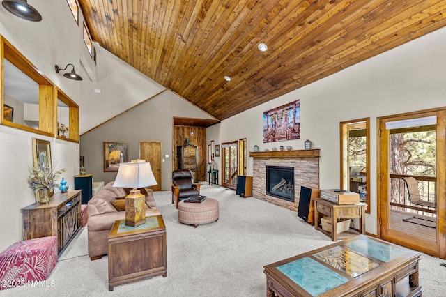 2201 N Rio De Flag Dr, Flagstaff, AZ 86004 - carpeted living room featuring a stone fireplace, high vaulted ceiling, and wooden ceiling