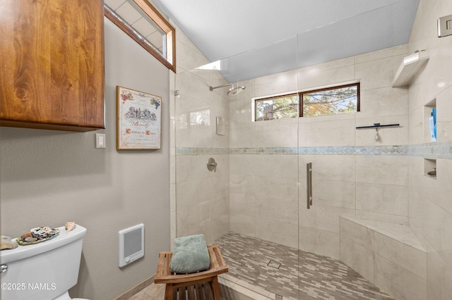 2201 N Rio De Flag Dr, Flagstaff, AZ 86004 - full bathroom featuring a shower stall, heating unit, and vaulted ceiling