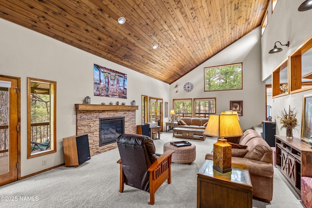 2201 N Rio De Flag Dr, Flagstaff, AZ 86004 - living room with carpet flooring, high vaulted ceiling, a fireplace, and wooden ceiling