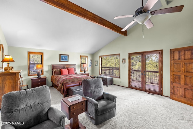 2201 N Rio De Flag Dr, Flagstaff, AZ 86004 - bedroom with light carpet, access to exterior, beam ceiling, a ceiling fan, and high vaulted ceiling