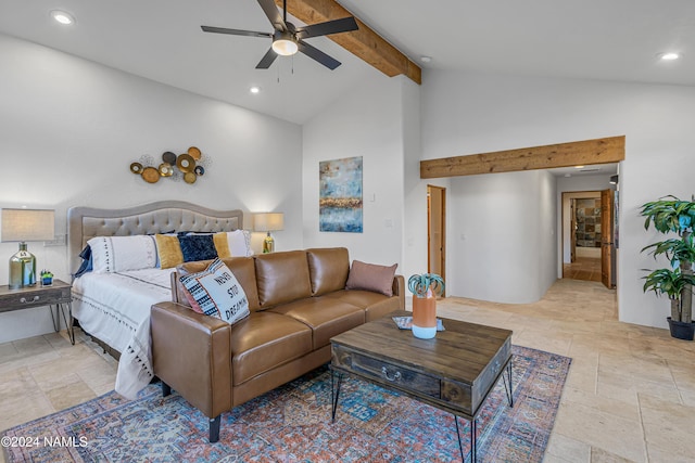 bedroom with ceiling fan, high vaulted ceiling, and beamed ceiling