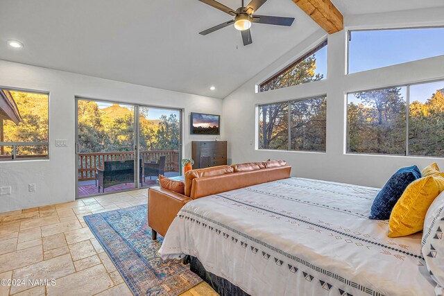 bedroom with ceiling fan, multiple windows, access to outside, and beamed ceiling