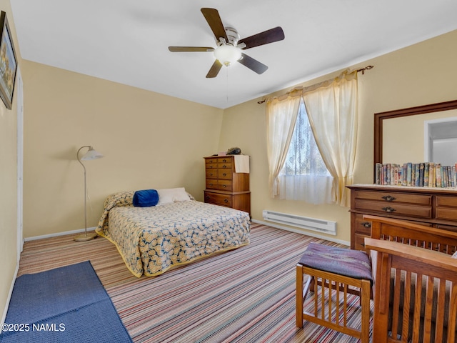 7284 N Buck Ridge Rd, Williams, AZ 86046 - bedroom with a baseboard radiator, carpet, and a ceiling fan