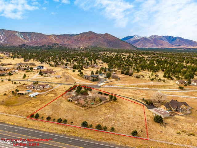 drone / aerial view featuring a rural view and a mountain view