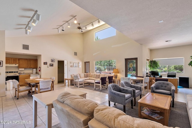 living room featuring light tile patterned flooring, a high ceiling, and a wealth of natural light