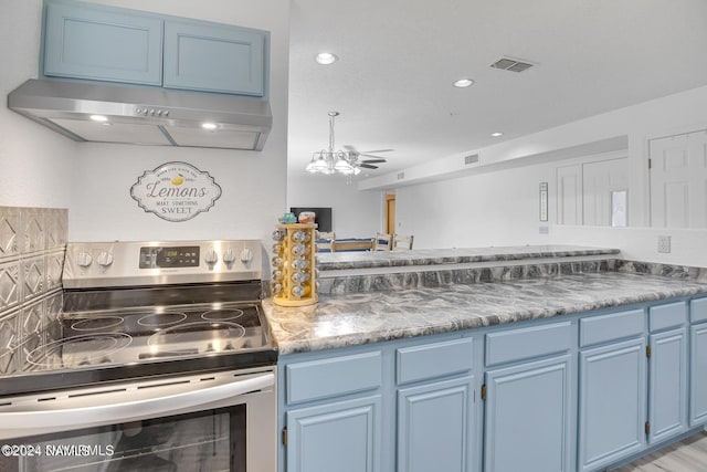 kitchen featuring stainless steel electric range oven, extractor fan, blue cabinets, and ceiling fan