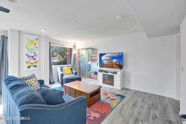 living room featuring light wood-type flooring and a textured ceiling