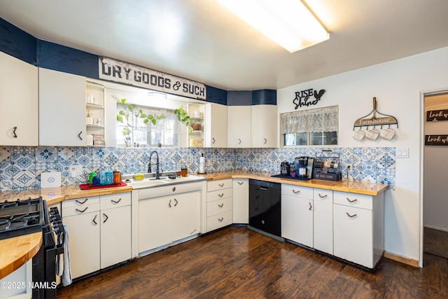 502 N Humbolt St, Williams, AZ 86046 - kitchen with black appliances, butcher block counters, a sink, and open shelves