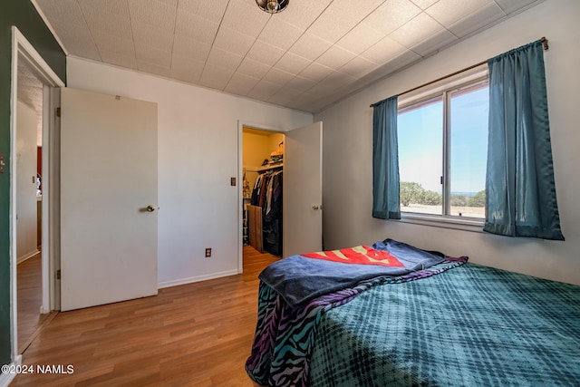 bedroom with a closet, a spacious closet, and hardwood / wood-style floors