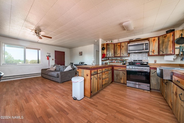 kitchen with kitchen peninsula, a baseboard heating unit, appliances with stainless steel finishes, light wood-type flooring, and decorative backsplash