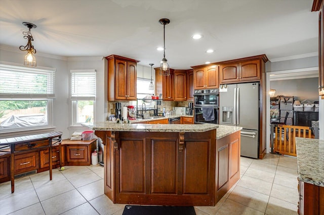 kitchen with stainless steel fridge, pendant lighting, black double oven, light tile patterned floors, and light stone counters