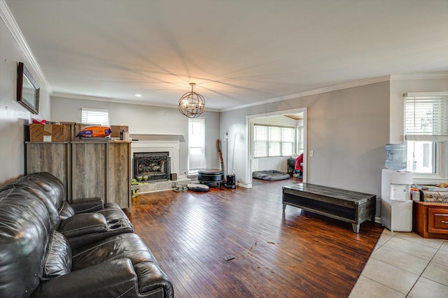 living room featuring light wood-type flooring, a notable chandelier, and a healthy amount of sunlight