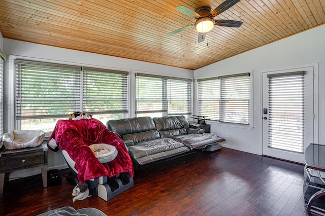 living room with ceiling fan, wood ceiling, dark hardwood / wood-style floors, and vaulted ceiling