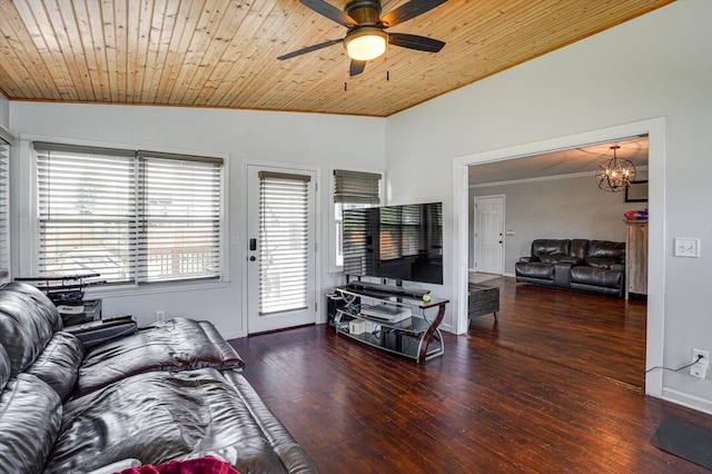 living room featuring ceiling fan with notable chandelier, wood ceiling, lofted ceiling, and dark hardwood / wood-style floors