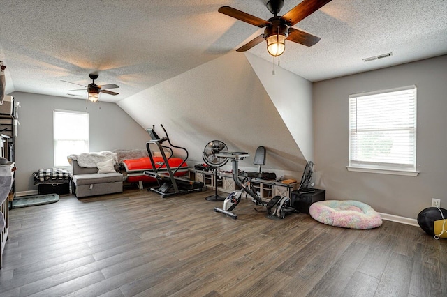 exercise room featuring plenty of natural light, a textured ceiling, wood-type flooring, and ceiling fan