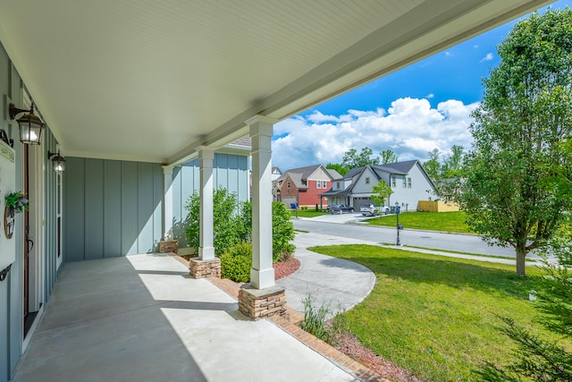 view of patio featuring a garage