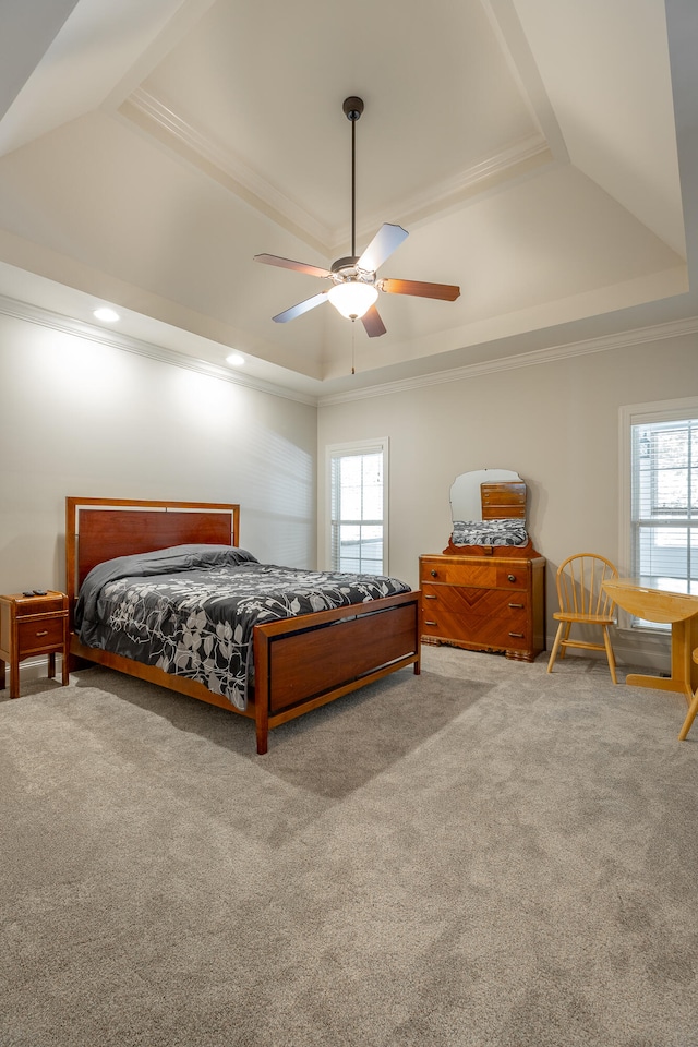 bedroom with a raised ceiling, ceiling fan, carpet, and multiple windows