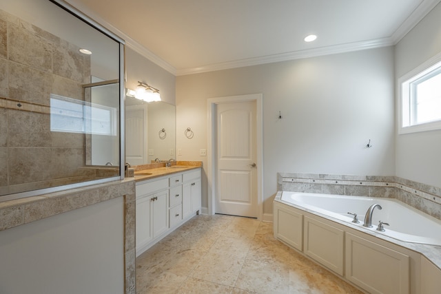 bathroom featuring tile patterned flooring, vanity, ornamental molding, and plus walk in shower