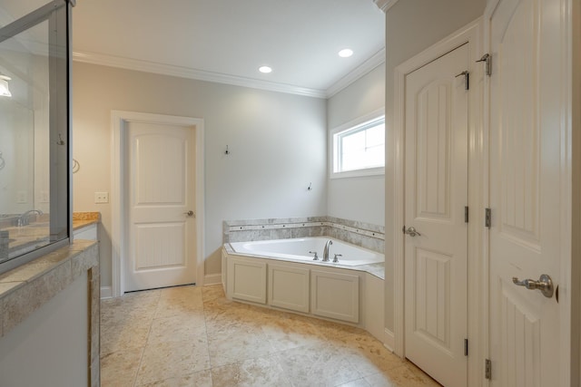 8337 Glenshire Ln, Chattanooga, TN 37421 - full bathroom with a garden tub, a shower with shower door, baseboards, ornamental molding, and recessed lighting
